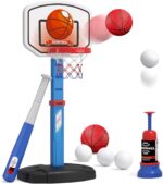 2 in 1 Kids Basketball Hoop and T Ball Set - Adjustable Height, Kids Baseball Tee with Automatic Pitching Machine, Indoor Outdoor Sport Toys Gifts for Toddler Boys Girls Age 1-5, Blue - Image 2