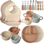 24 Pack Silicone Baby Feeding Set Baby LED Weaning Supplies Includes Suction Divided Plates Soft Bowl Spoons Forks Adjustable Bib Snack Cup and Straws(Walnut Color, Beige, Smoky Gray) - Image 2