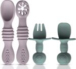4pc Silicone Baby Spoons Self Feeding Baby Utensils 6-12 Months - 3 Baby Spoon - 1 Baby Fork - Toddler Cutlery Set - BPA Free, Dishwasher Safe, Baby Eating Essentials (Light pink/Army Green) - Image 2