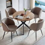 5 PCS Kitchen Dining Table Set, 37" Round Breakfast Dining Table MDF Tabletop, Space Saving Coffee Table Set for 4, Cozy Fluffy Sherpa Armchair Upholstered Dining Chairs with Metal Legs - Image 2