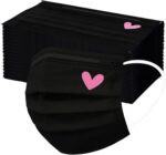 50pcs Cute Disposable Face Masks, Pink And Black Masks with Hearts Printed, 3-Ply Full Face Protection for Women Teen Girls - Image 2