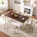 AMERLIFE 6-Piece Farmhouse Dining Table Set with 4 Upholstered Chairs and Bench, 71” Solid Wood Table, Seating for 6, for Dining Room or Kitchen, Rustic White & Walnut Finish - Image 2