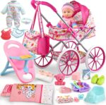 Baby Doll Stroller Toys Set with 12.5" Baby Doll,Dining Chair,Quilt Pillow,24 PCS Doll Accessories and 2 Sets Doll Clothes,Baby Stroller Toys for Girls Toddlers 3-5 4-6 5-7 Gifts for Pretend Play - Image 2