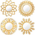 Dandat Set of 4 Gold Mirrors for Wall Decor Small Circle Flowers Mirrors Decorative Silvery Hanging Wall Art Flowers Mirror for Home Living Dinning Room Bedroom Bathroom Boho Art Gifts(Gold) - Image 2