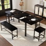 GarveeHome 5 PCs Dining Table Set for 6-8 People, 63 in Extendable Kitchen Table Set with 2 Benches and 2 Square Stools, Modern Dining Room Furniture Sets, Easy Assembly, Black - Image 2