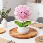 Hand-Crocheted Sunflower in Pot Blush Pink with Smiling Face, A Whimsical Twist on a Classic - Image 2