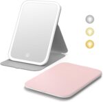 Kintion Travel Makeup Mirror, Portable LED Lighted Makeup Mirror, 360° Rotation Touch Screen Vanity Mirror, 60 LEDs, 3-Color Dimmable Lighting, Rechargeable Tabletop Folding Cosmetic Mirror, Pink - Image 2