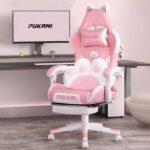 PUKAMI Pink Gaming Chair Cute with Cat Ears and Cat Paw Lumbar Cushion, Ergonomic Computer Chair for Girl with Footrest and Headrest, Comfortable Reclining PC Game Chair for Adult, Teen, Pink - Image 2