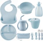 PandaEar Silicone Baby Feeding Set | 11PCS Baby Led Weaning Supplies Self Feeding Utensils | Divided Suction Plate Bowl Bibs Sippy Cup with Baby Food Pouch Snack Container Spoons Forks, Blue - Image 2