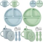 PandaEar Silicone Baby Feeding Set| 2 Pack Silicone Divided Suction Plate and 2 Pack Tiny Cup with 2 Spoons 2 Forks| Baby Led Weaning Supplies Self Feeding Eating Utensils (Light Blue/Light Green) - Image 2