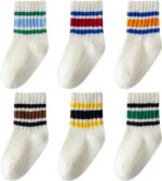 Toddler Grip Socks with Non-Slip, Unisex Baby Retro Stripe Seamless Crew Ankle Cotton Socks for Girls Boys 6 Pairs - Image 2
