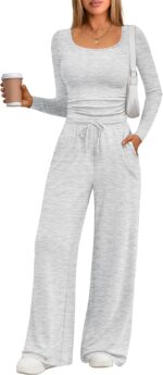 Trendy Queen 2 Piece Scoop Neck Lounge Set Womens Wide Leg Pants Side Ruching Slightly Crop Top Sweatsuit Sets With Pockets - Image 2