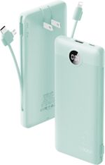 VRURC Portable Charger Built-in Cables and AC Wall Plug, USB C Power Bank 10000mAh, Travel Battery Portable Phone Charger Compact Lightweight External Battery Pack for Smart Phones, Tablets etc-Green - Image 2